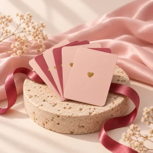 Cartas rosadas y frambuesa en abanico con un pequeño corazón dorado y una cinta de satén, sobre un pedestal de travertino