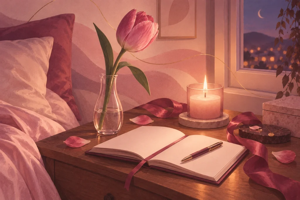Ilustración de un velador de noche con un tulipán en un florero de vidrio, un cuaderno abierto con un lápiz, una vela encendida y una cinta frambuesa