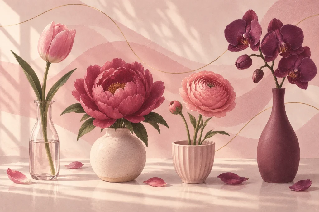 Ilustración de cuatro flores distintas, un tulipán, una peonía, un ranúnculo y una orquídea, cada una en su propio florero
