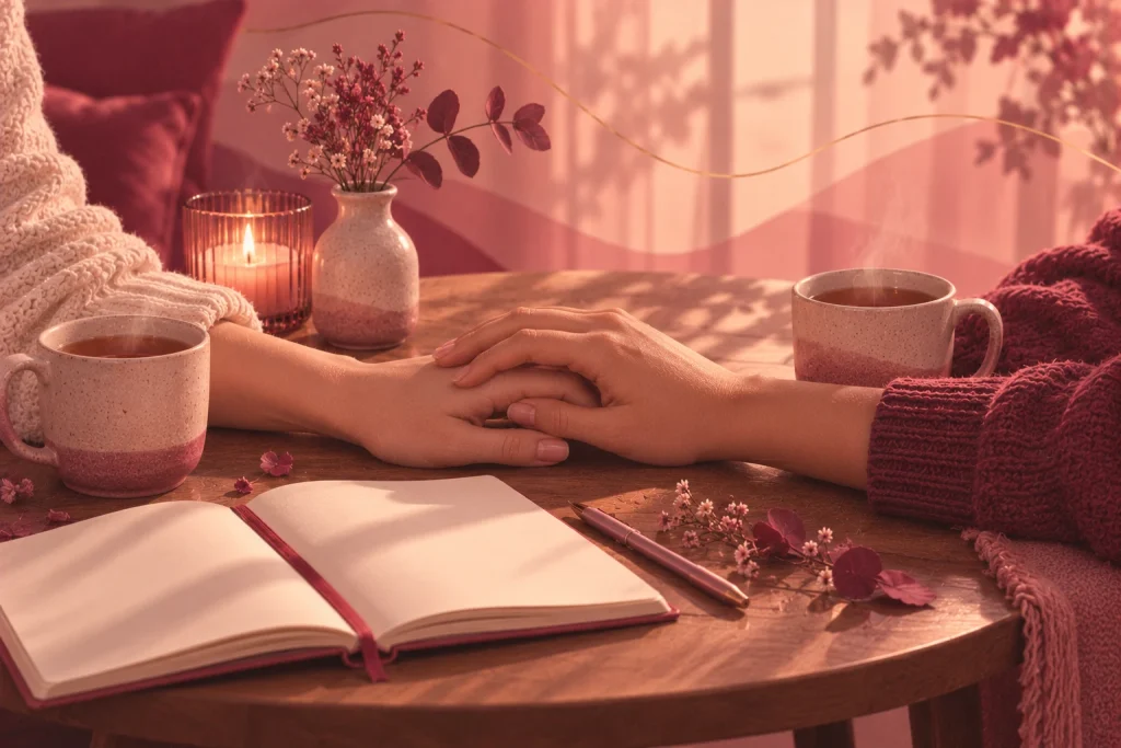 Ilustración de dos manos sobre una mesa redonda, una apoyada suavemente sobre la otra, junto a dos tazas de té, una libreta en blanco, una vela y flores secas