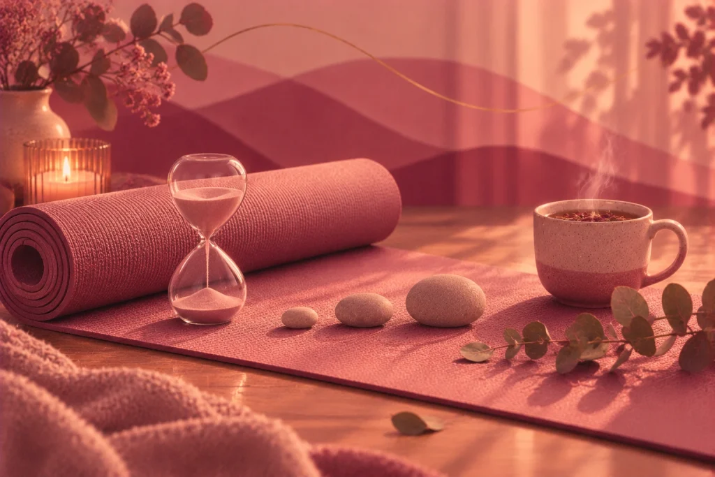 Ilustración de una esterilla de yoga con un reloj de arena y tres piedras lisas ordenadas de menor a mayor, junto a una taza de té y una vela