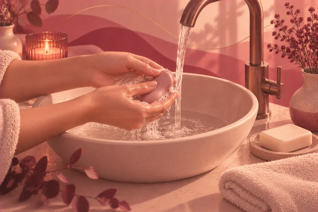 Ilustración de unas manos que enjuagan un objeto liso rosado bajo el agua tibia de un lavamanos, con espuma, una barra de jabón neutro y una toalla doblada