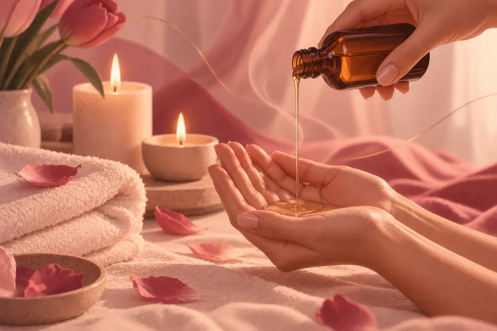 Ilustración de unas manos en cuenco que reciben un hilo de aceite tibio desde un frasco ámbar, junto a una toalla, velas y pétalos