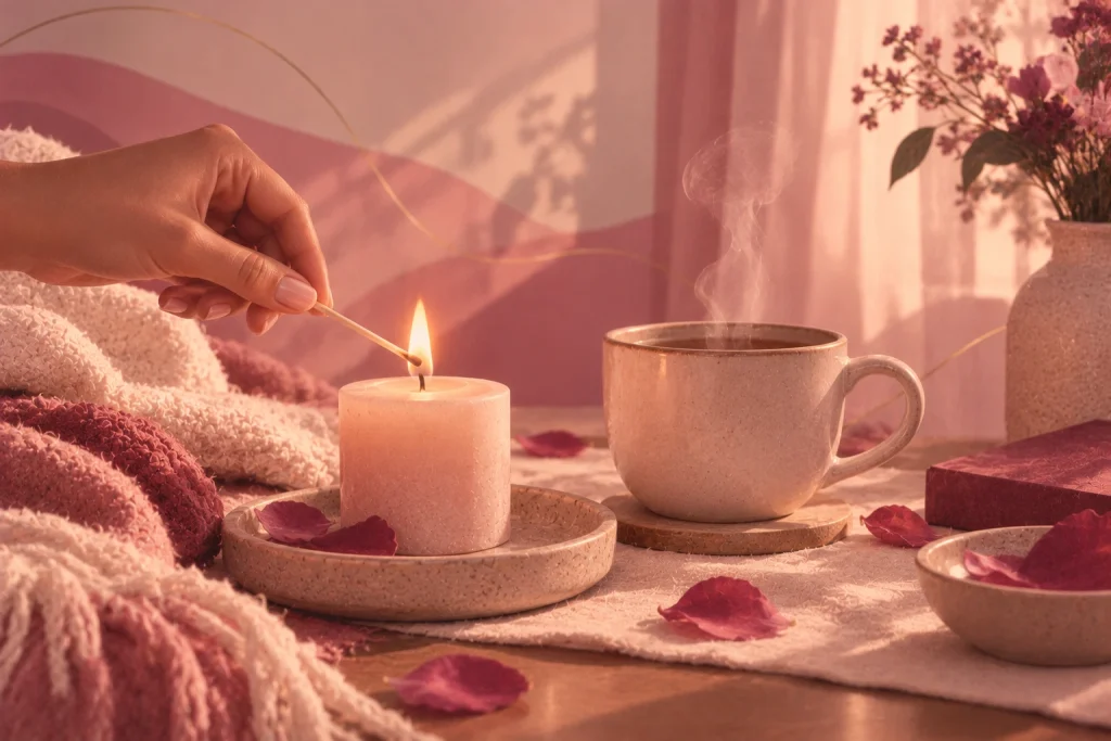Ilustración de una mano que enciende una vela con un fósforo junto a una manta tejida, una taza de té humeante y pétalos
