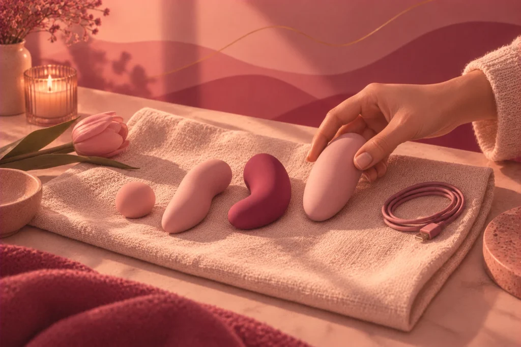 Ilustración de formas suaves y abstractas en tonos rosa ordenadas sobre un paño de lino, mientras una mano toma una con calma, junto a un tulipán y una vela