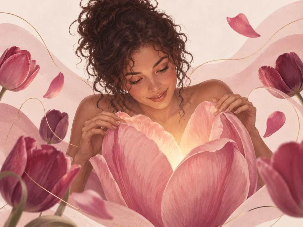 Ilustración de una mujer de pelo rizado que abre con curiosidad los pétalos de un gran tulipán rosado que brilla por dentro