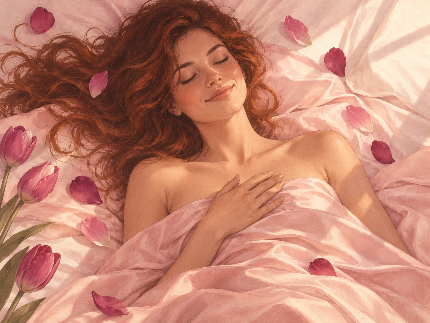 Ilustración de una mujer pelirroja que descansa entre sábanas de seda rosadas, con los ojos cerrados y la mano en el corazón, rodeada de pétalos de tulipán