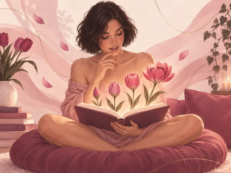 Ilustración de una mujer de pelo corto sentada sobre un cojín, leyendo un libro abierto del que nacen cuatro tulipanes en distintas etapas, de botón a flor abierta