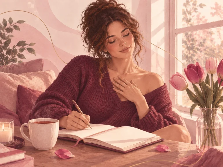 Ilustración de una mujer con suéter frambuesa que escribe en su diario junto a la ventana, con una taza de té y tulipanes, y se detiene con la mano en el pecho