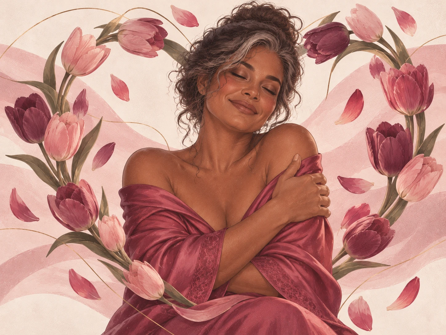 Ilustración de una mujer madura de pelo canoso con una bata de seda frambuesa que se abraza con ternura, enmarcada por un corazón de tulipanes