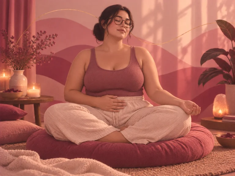 Ilustración de una mujer de talla grande con lentes, sentada con las piernas cruzadas sobre un cojín, respirando con calma con una mano sobre el vientre