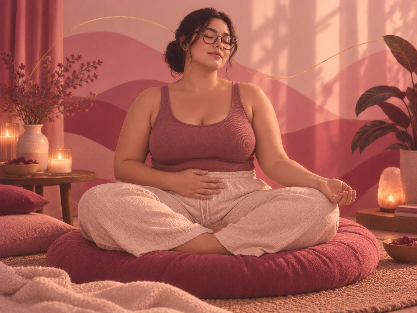 Ilustración de una mujer de talla grande con lentes, sentada con las piernas cruzadas sobre un cojín, respirando con calma con una mano sobre el vientre