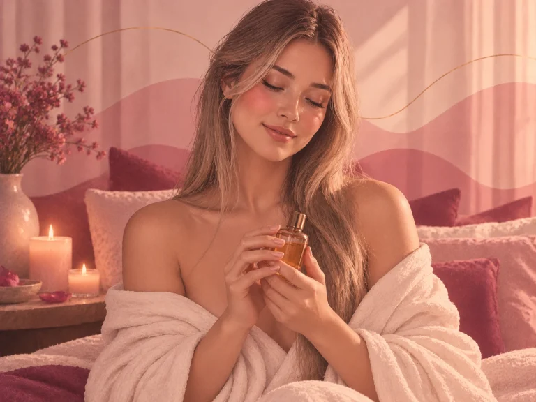 Ilustración de una mujer de pelo largo rubio envuelta en una bata blanca, que sostiene con calma un pequeño frasco de vidrio entre velas y flores