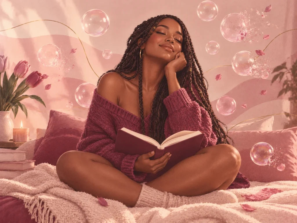 Ilustración de una mujer de trenzas largas sentada en la cama con un libro abierto, sonriendo con los ojos cerrados mientras a su alrededor se deshacen pompas de jabón
