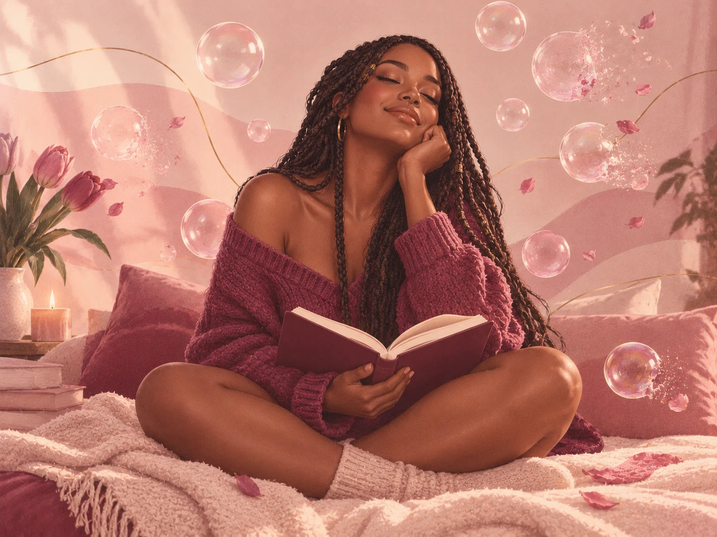 Ilustración de una mujer de trenzas largas sentada en la cama con un libro abierto, sonriendo con los ojos cerrados mientras a su alrededor se deshacen pompas de jabón