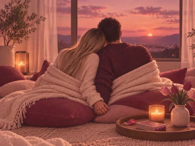 Ilustración de una pareja de espaldas sentada sobre cojines junto a una ventana al atardecer, compartiendo una manta y tomados de la mano, con velas, tulipanes y un mazo de cartas