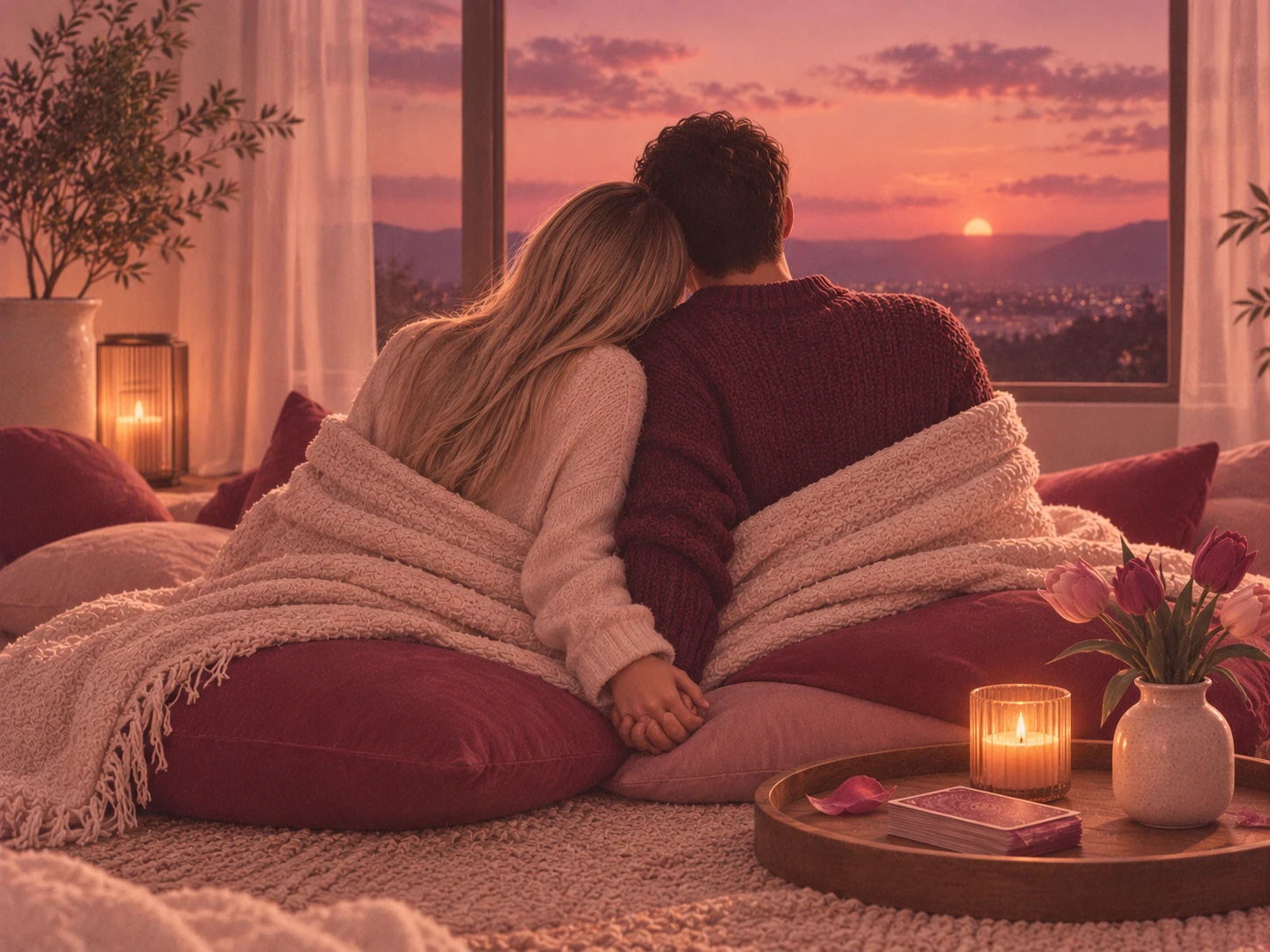 Ilustración de una pareja de espaldas sentada sobre cojines junto a una ventana al atardecer, compartiendo una manta y tomados de la mano, con velas, tulipanes y un mazo de cartas