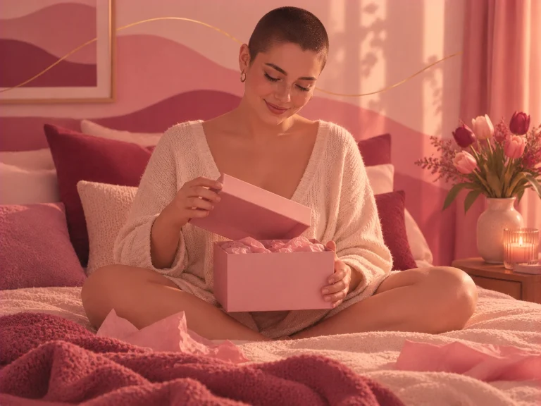 Ilustración de una mujer de pelo rapado sentada en la cama que abre con curiosidad y una sonrisa una caja rosada con papel de seda